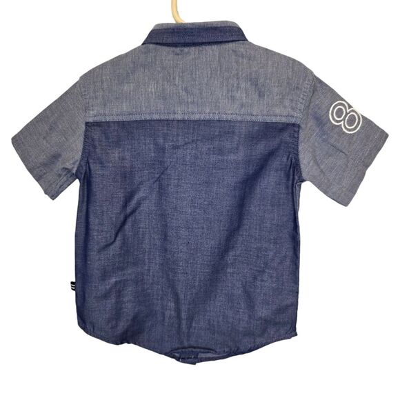 Nautica Boys 4T Blue Chambray Colorblock Short Sleeve Collared Button-Up Shirt - Picture 2 of 13